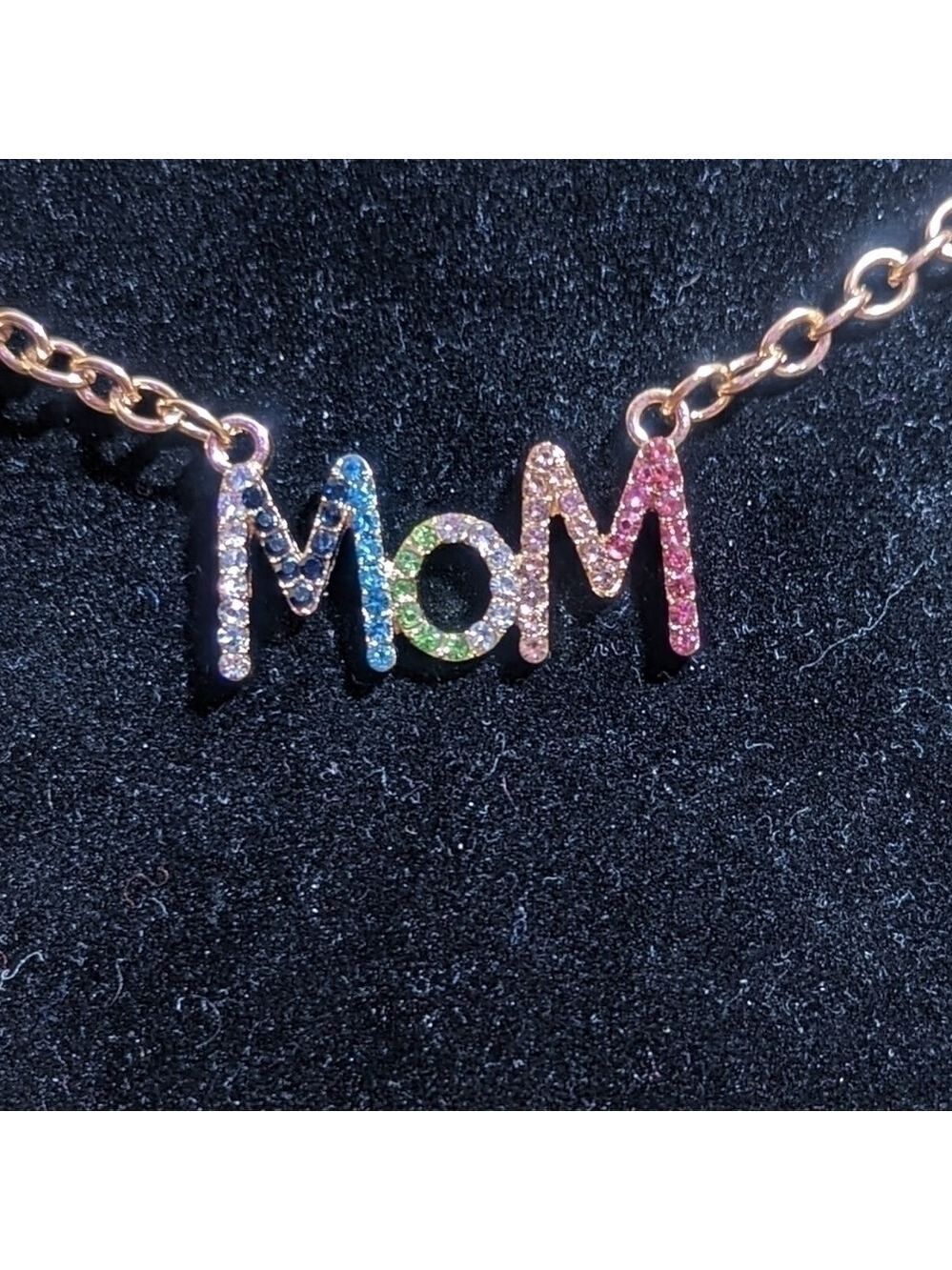 Pendant--MOM gold tone with color crystals gems
